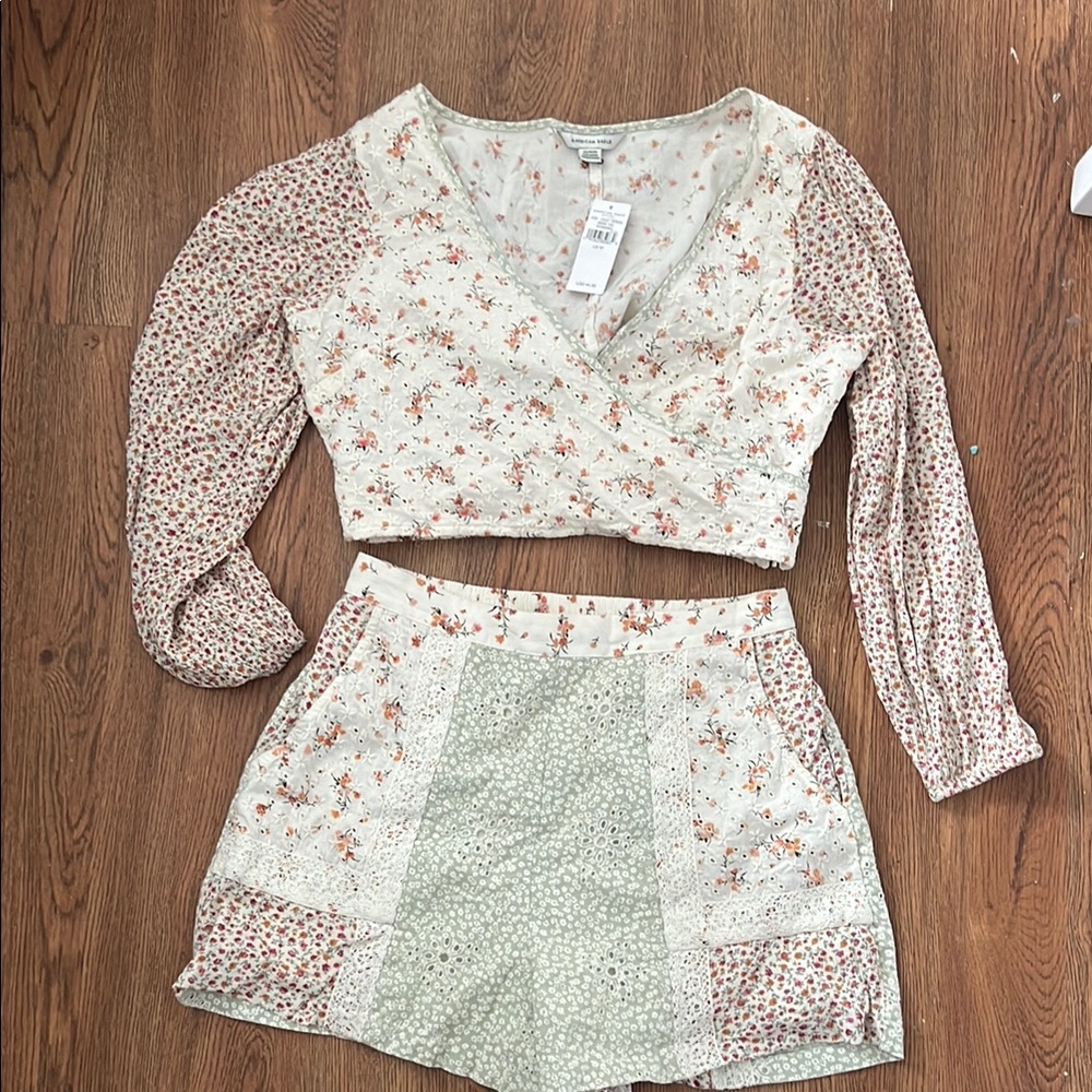 Floral Long Sleeve Crop Top and Shorts Set